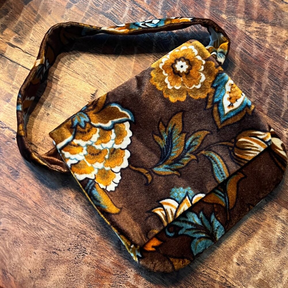 Vintage Handmade Velvet Bag With Brown Orange Blue Pattern